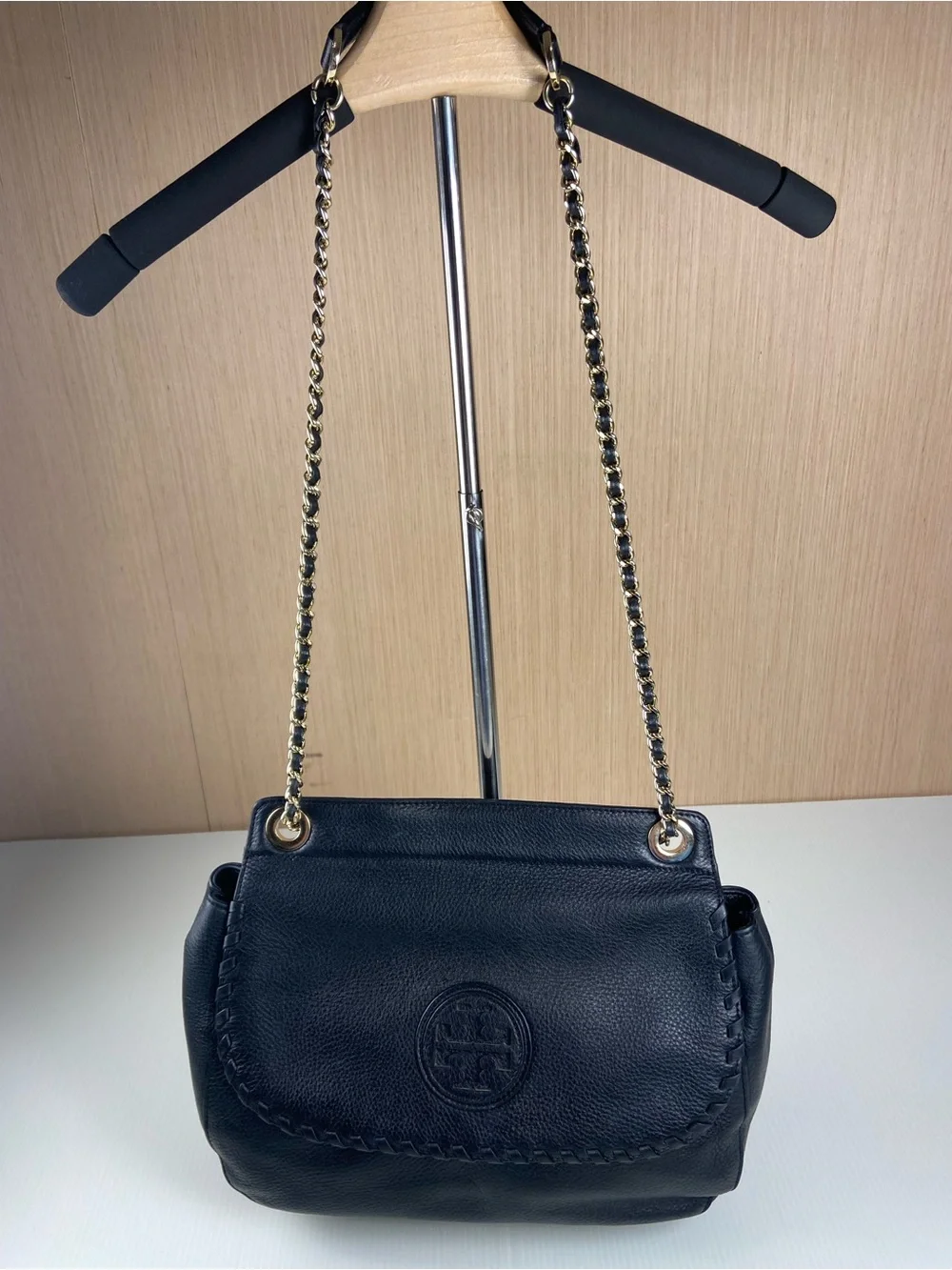 Tory Burch Black Pebbled Leather Convertible Gold Chain Shoulder Bag